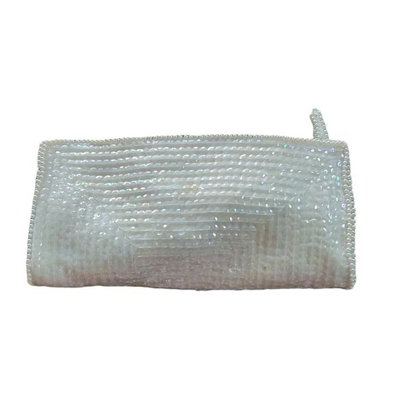 Bags By Debbie Cream Clutch Purse Vintage Iridescent Sequin Grey Beading Wedding - Picture 2 of 12
